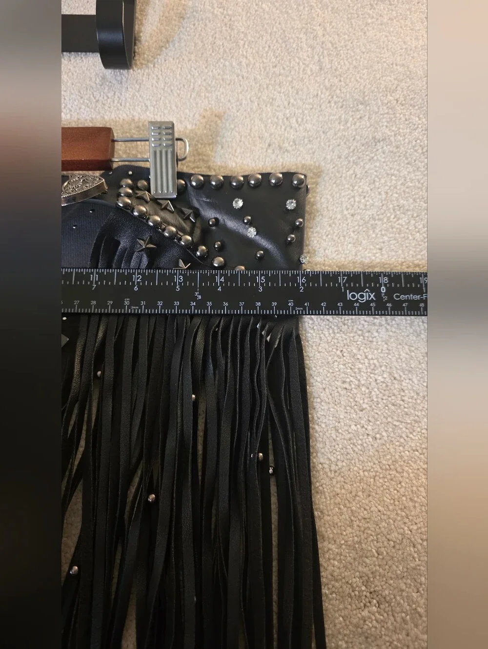 Long Faux Leather Black Studded Fringe Belt Western Boho Festival Punk OS NWT
